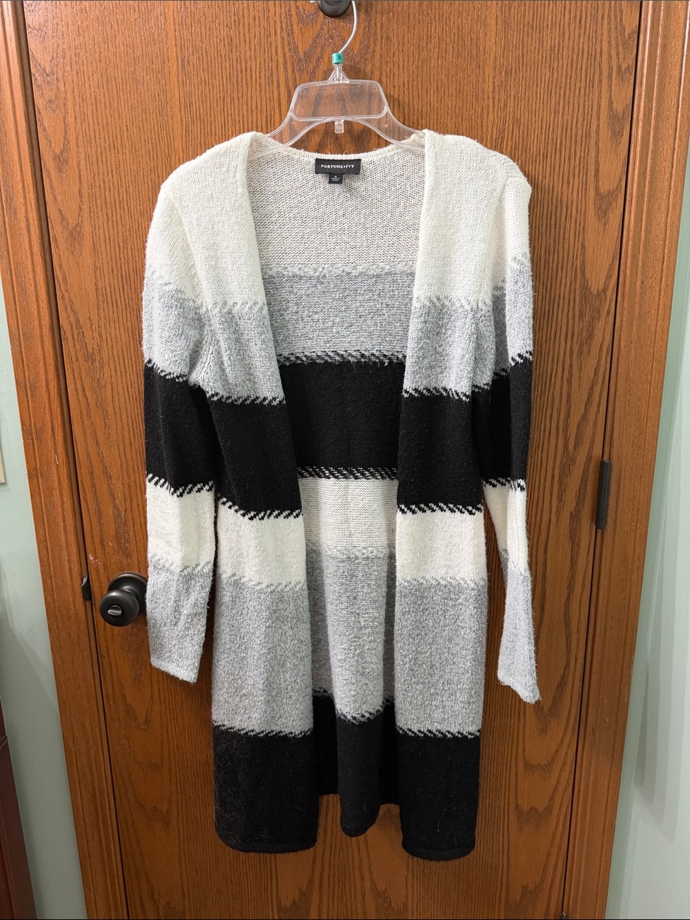Open-Front Striped Cardigan Sweater - Black, Gray & White